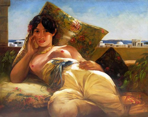 Topless vrouw afgebeeld liggend met uitzicht op Algiers, Georges Antoine Rochegrosse - 1935
