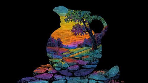 Kleurrijke landschap in vaas kruik silhouette panorama