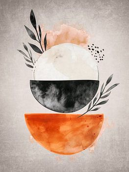 Soleil noir et blanc avec des branches sur un bol en cuivre