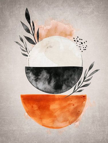 Soleil noir et blanc avec des branches sur un bol en cuivre sur Dutch Art Works