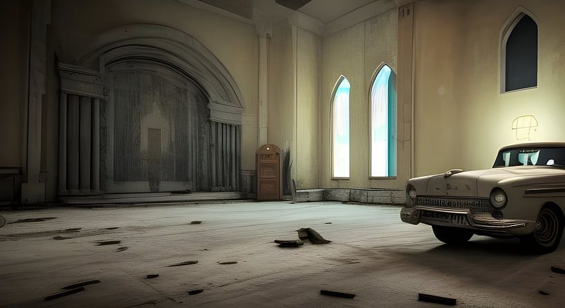 Vieille voiture dans une église abandonnée par Betty Maria Digital Art