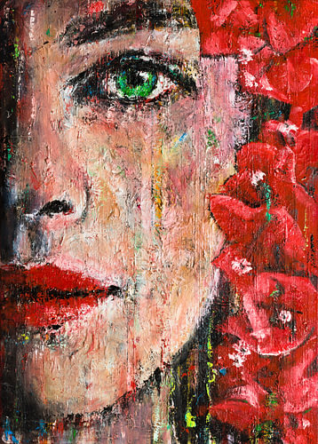 Woman with Flowers | Portrait of a woman with a red mouth and a green eye