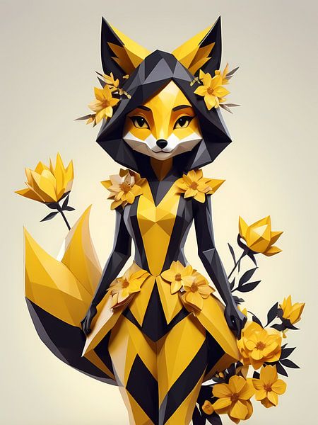 Low poly floral fox girl, black and yellow by 1xMerch