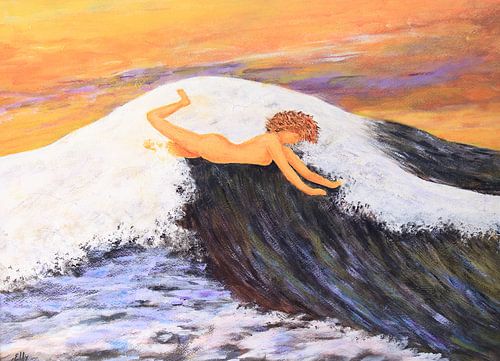 Modern art painting with person on a wave