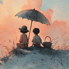 Kinderen met Parasol bij Zonsondergang - Dromerig schilderij van Peter Pen tekeningen en schilderijen