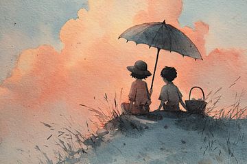 Children with Parasol at Sunset - Dreamy painting
