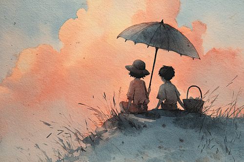 Children with Parasol at Sunset - Dreamy painting