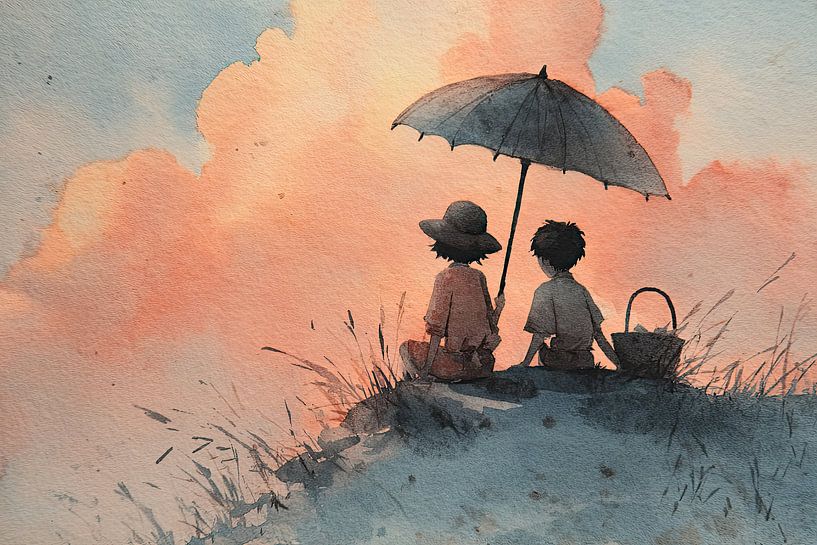 Children with Parasol at Sunset - Dreamy painting by Peter Pen Drawings and Paintings