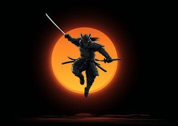 Dynamische Samurai-Sprung-Silhouette gegen leuchtende Sonne Sphäre von BINEDITS