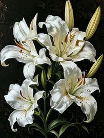 A Dramatic Chiaroscuro Study of White Oriental Lilies in Full Bloom against a Damask Void by Artistic