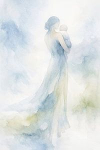 Mère avec bébé dans des tons bleus doux AI) (maman, enfant, fête des mères, parentalité, spiritualit