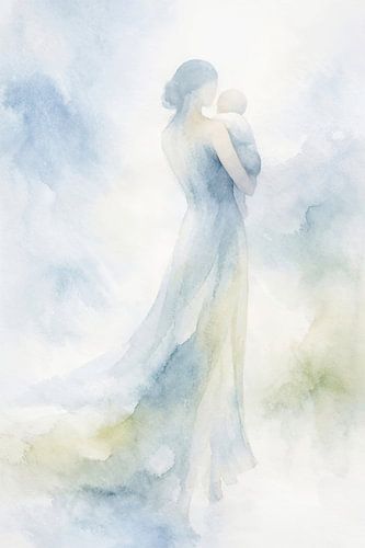 Mother with baby in soft blue tones (AI) (mum, child, Mother's Day, parenting, spirituality) by Natalie Bruns
