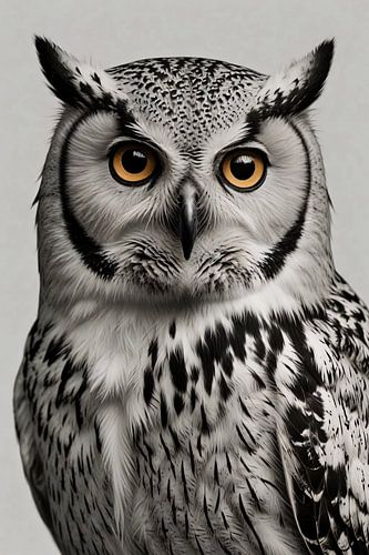 Portret van een majestueuze uil in zwart-wit