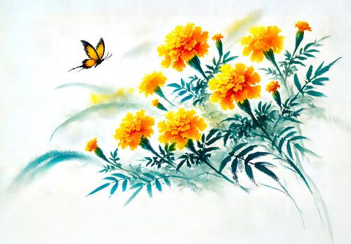 Gele madeliefjes met vlinder – Aziatische inkttekening