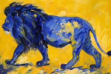 Schilderij van een abstracte blauwe leeuw van De Muurdecoratie