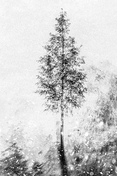 Baum ganz in Winterlandschaft in schwarz und weiß von Imaginative