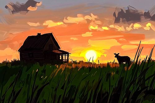 Coucher de soleil rustique avec silhouettes