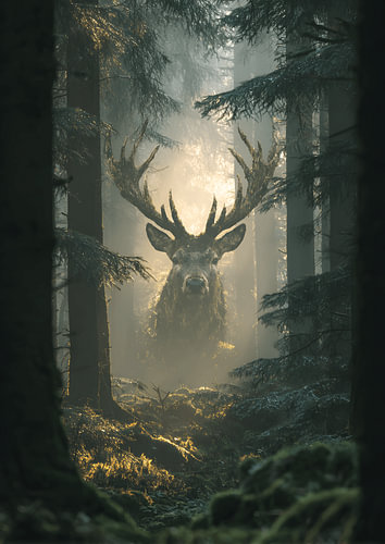 Een majestueus hert in het betoverde bos
