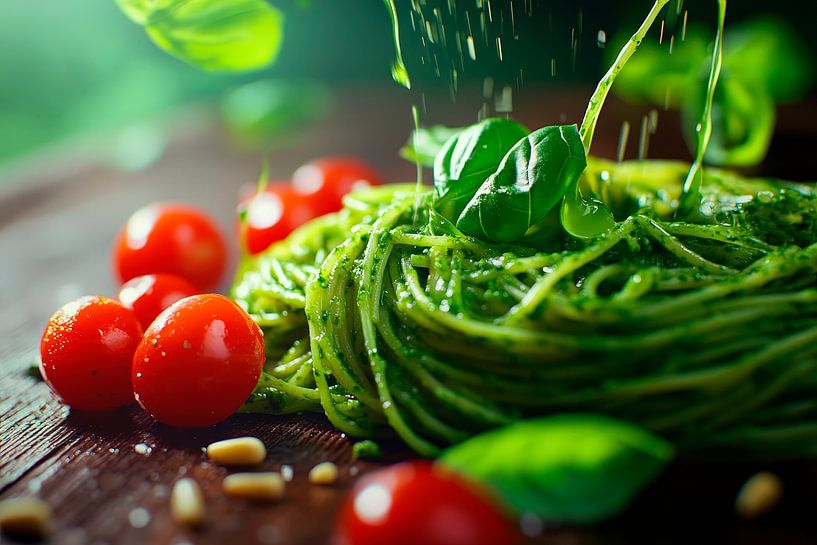 Frische Pasta mit Basilikum und Tomaten von Poster Art Shop