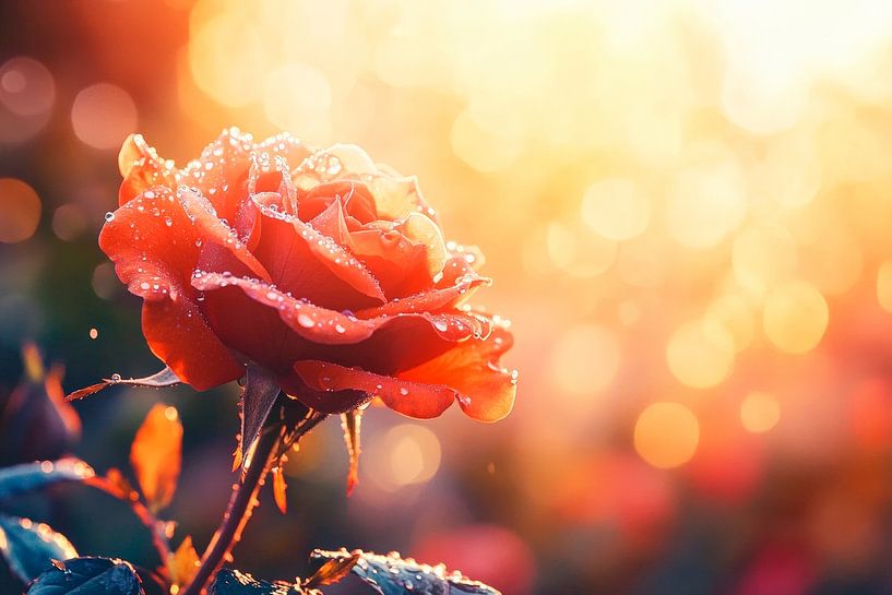 Rose rouge dans la douce lumière du matin par Poster Art Shop