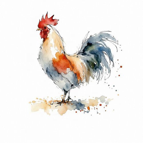 Troste haan (AI) (boerenerf, kukeleku, landelijk, zachte, warme, kleuren, Pasen, vogel, pen, verf))