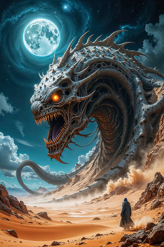 Fantasy Art Wandbild: SAHARVEX - Ein Ungeheuer erhebt sich aus dem Sand der Wüste