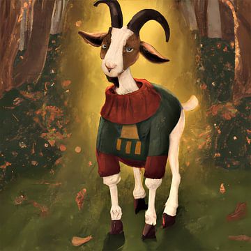 Portret van een wit met bruine geit met warme trui aan in het bos van Maud De Vries