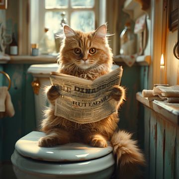 Cat reading newspaper on the toilet - Humorous bathroom picture by Felix Brönnimann
