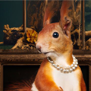 Squirrel with pearls, Johannes Vermeer style, generative AI illustration by Bianca Biermans