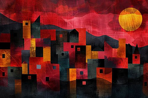 Kleurrijke skyline bij zonsondergang digitaal schilderij