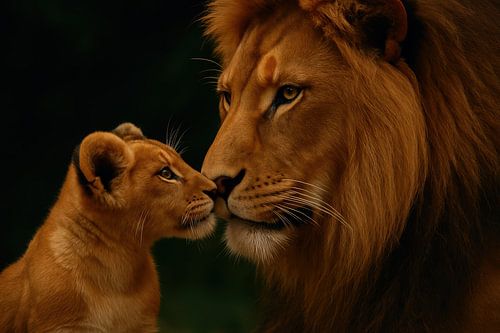 Teder moment leeuw met welp van Art & Soul Creations