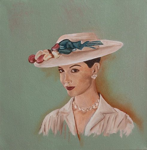 Oil portrait woman with beige hat by Jennemie De Beer