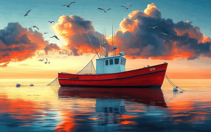 Lebendige Fischerboote auf ruhigen Gewässern von Lufy