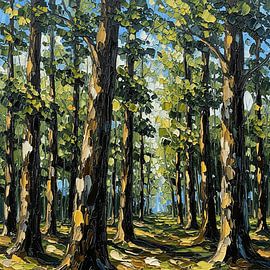 Pfad des goldenen Lichts: Ein lebhaftes, strukturiertes Palettenmesser-Ölgemälde eines verzauberten Waldes