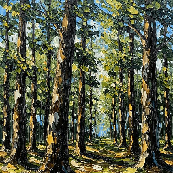Le chemin de la lumière dorée : Une peinture à l'huile à la palette vibrante et texturée d'une forêt enchantée par Artistic