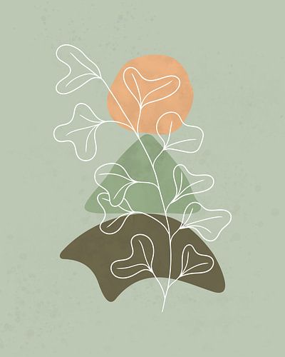 Minimalistisch landschap met een bladplant in lichte kleuren