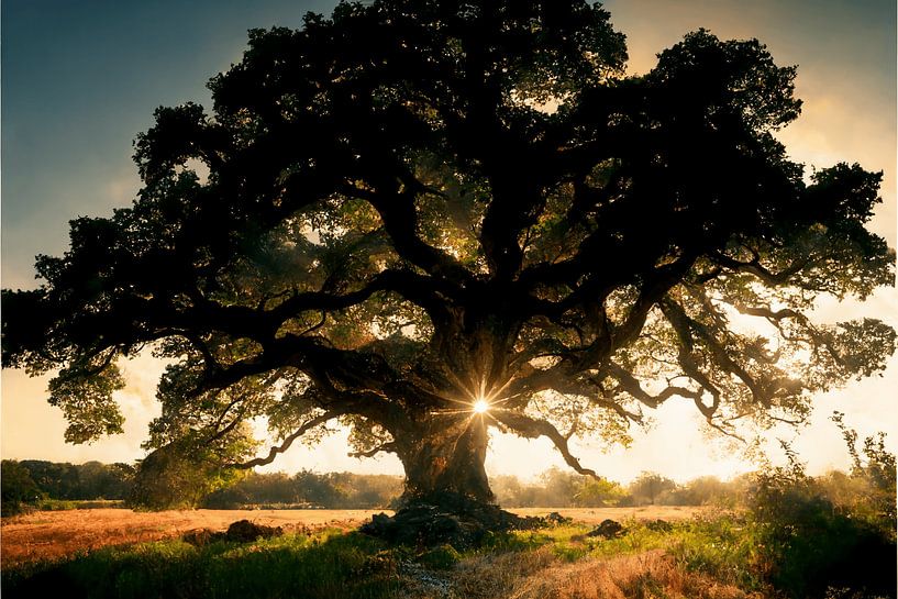 Eikenboom in de opgaande zomerzon van Zeger Knops
