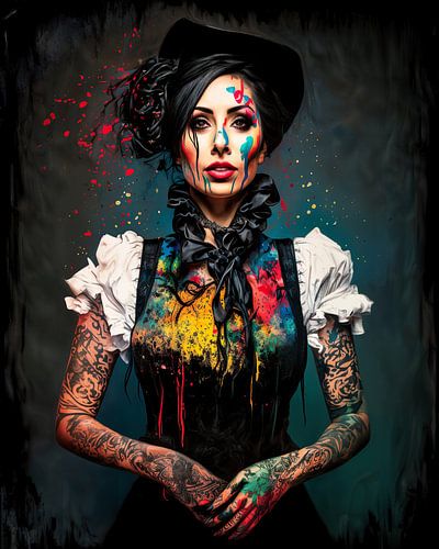 Stilmix einer interessanten Frau aus dem Schwarzwald mit Tattoos und Farbspritzer
