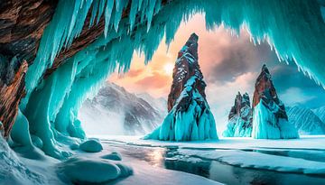 Ice cave with mountain and snow by Mustafa Kurnaz