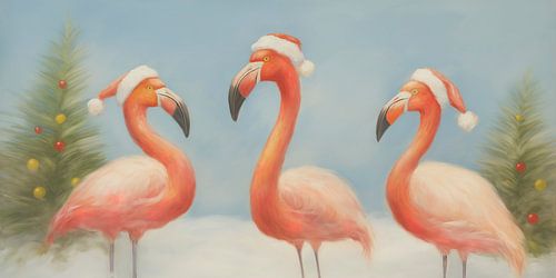Drie flamingos met kerstmutsjes op
