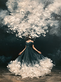 Charcoal Mirage - Extravagant Mode Portret met Antraciete Jurk en Witte Wolkenkroon
