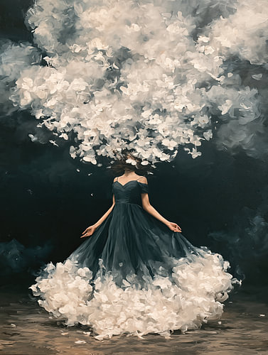 Charcoal Mirage – Extravagant Fashion Portrait Featuring an Anthracite Dress and a White Cloud Crown