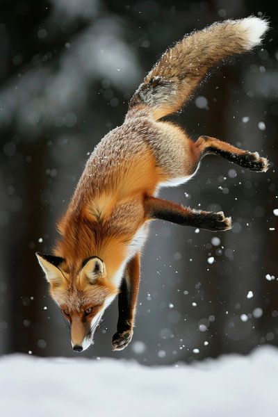 Jumping fox in the snow by Poster Art Shop