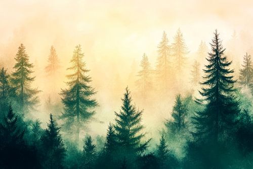 Nevelig bos in zacht licht