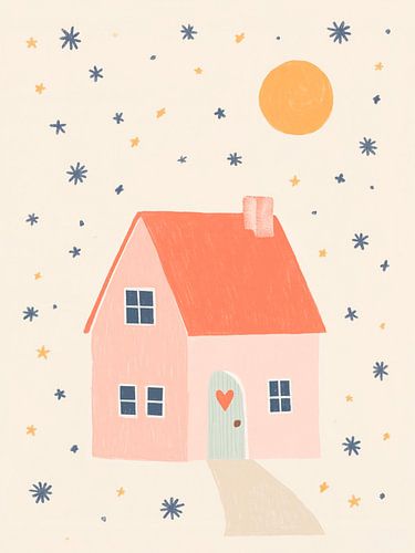 Een sprookjesachtig roze huisje onder de sterrenhemel