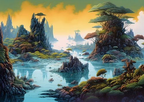 Eilandjes in oceaan in de stijl van Roger Dean