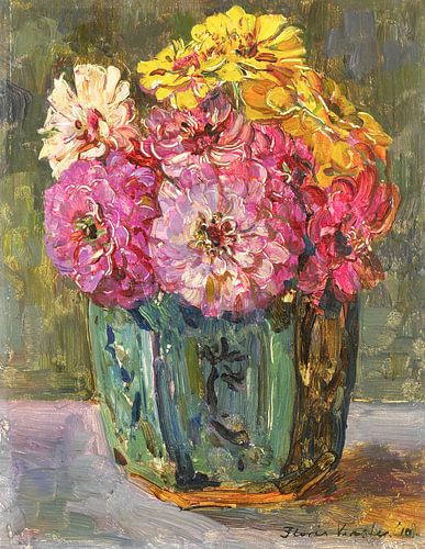 Stilleven met Zinnias in een groene pot, Floris Verster
