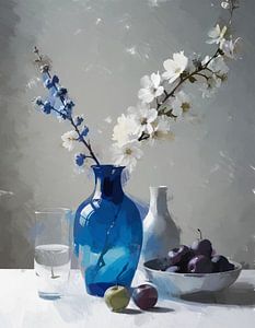 Ein Stillleben Minimalismus blaue Vase mit weißen Blüte Zweige.
