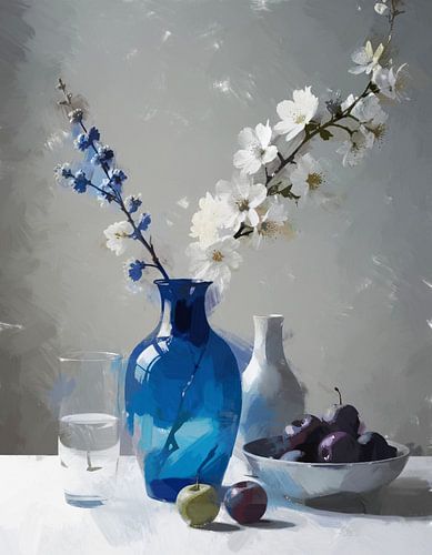 Een stilleven minimalisme blauwe vaas met witte bloesemtakken.
