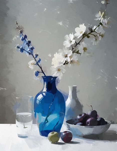 Nature morte minimaliste d'un vase bleu avec des branches de fleurs blanches. par J.a Dijkstra